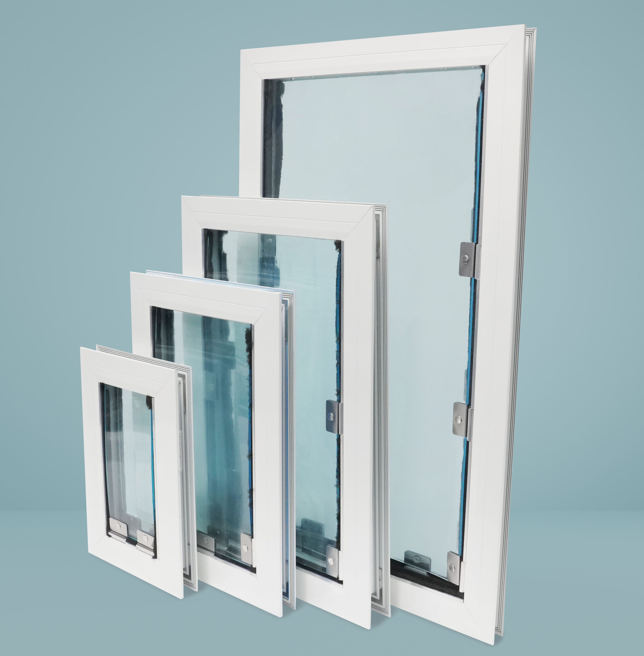 A photo with all four sizes of the Anlin pet door lined up on a blue background.