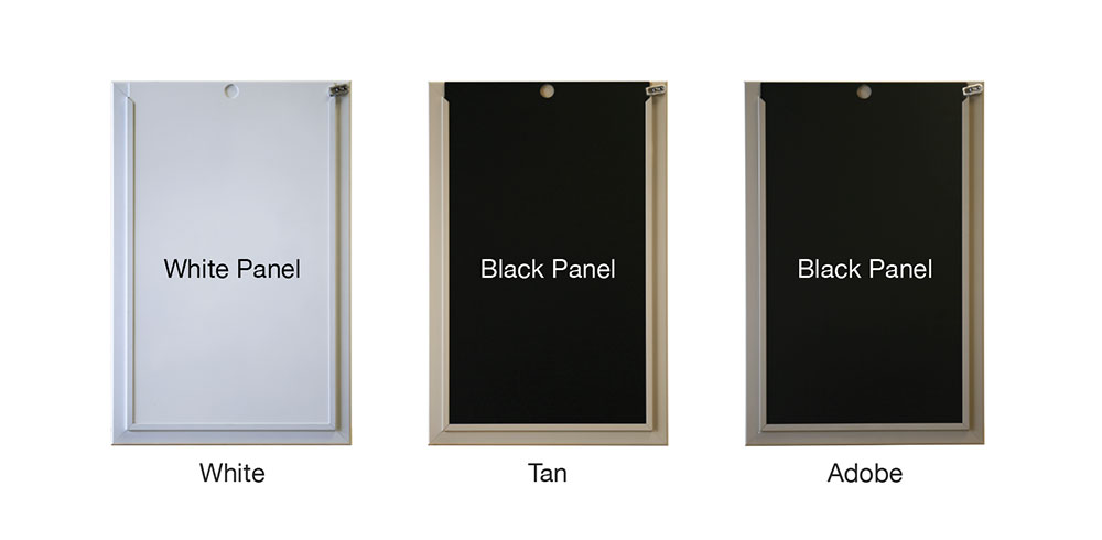A photo render of three pet doors: a white door with a white panel, a tan door with a black panel, and an Adobe door with a black panel.